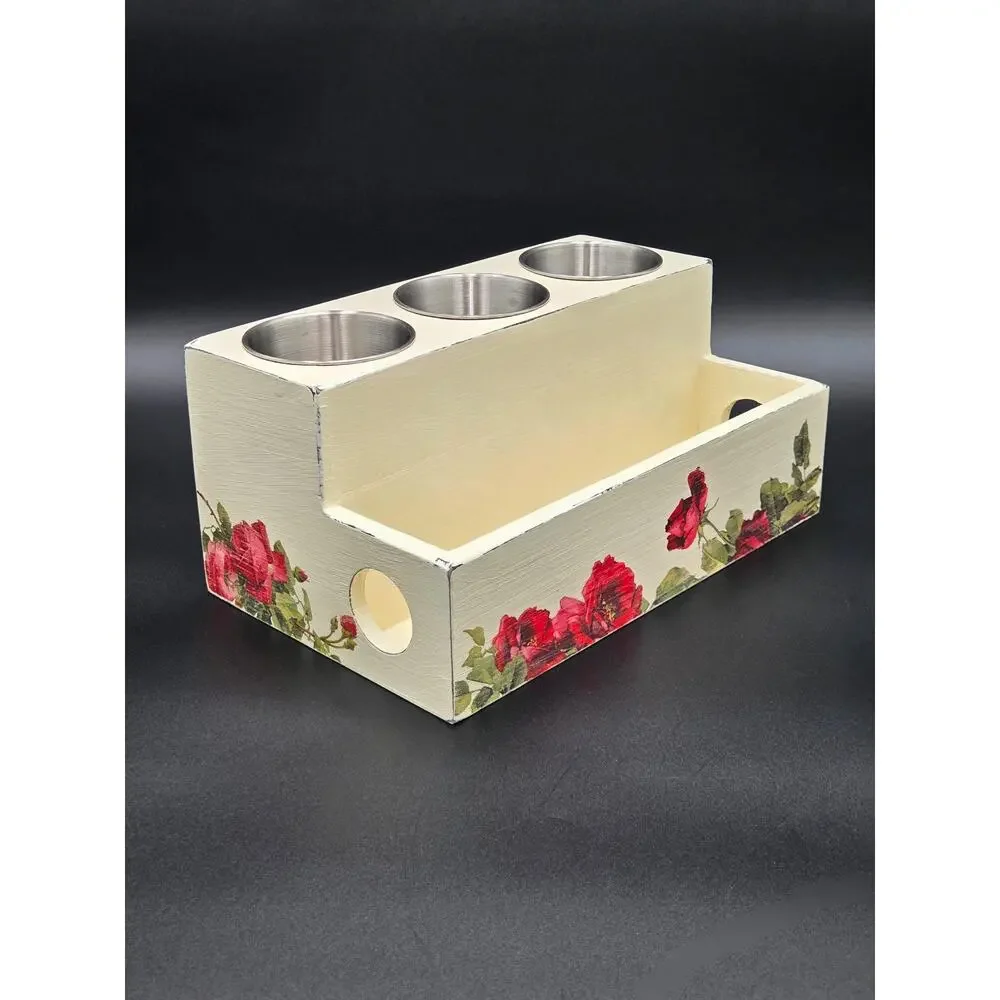 Cream Floral Wooden Desk Organizer – 3 Metal Cups & Front Storage Slot